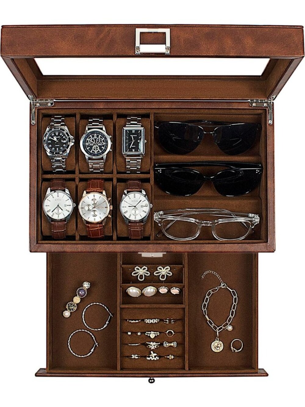 6 Slot Watch Box & 3 Slot Sunglass Organizer - Stylish Storage for Jewelry
